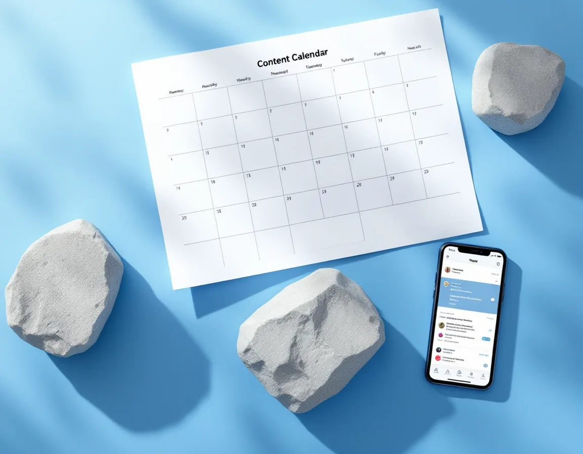 A printed monthly content calendar held down by a smooth stone, beside a phone showing a queue of scheduled posts
